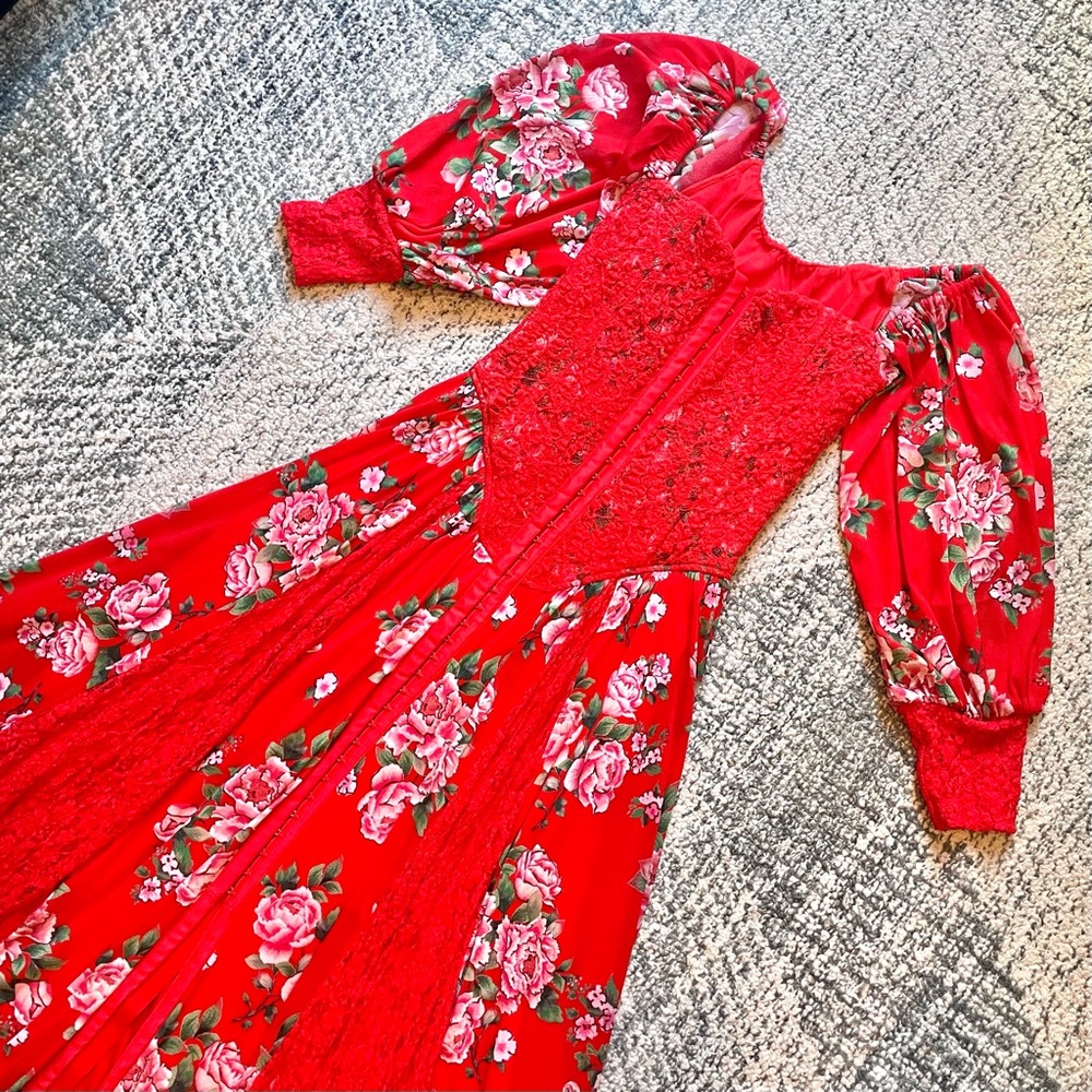 We Are HAH “Maiden Memphis” Corset Dress Prairie Boho Bustier Midi Red Floral